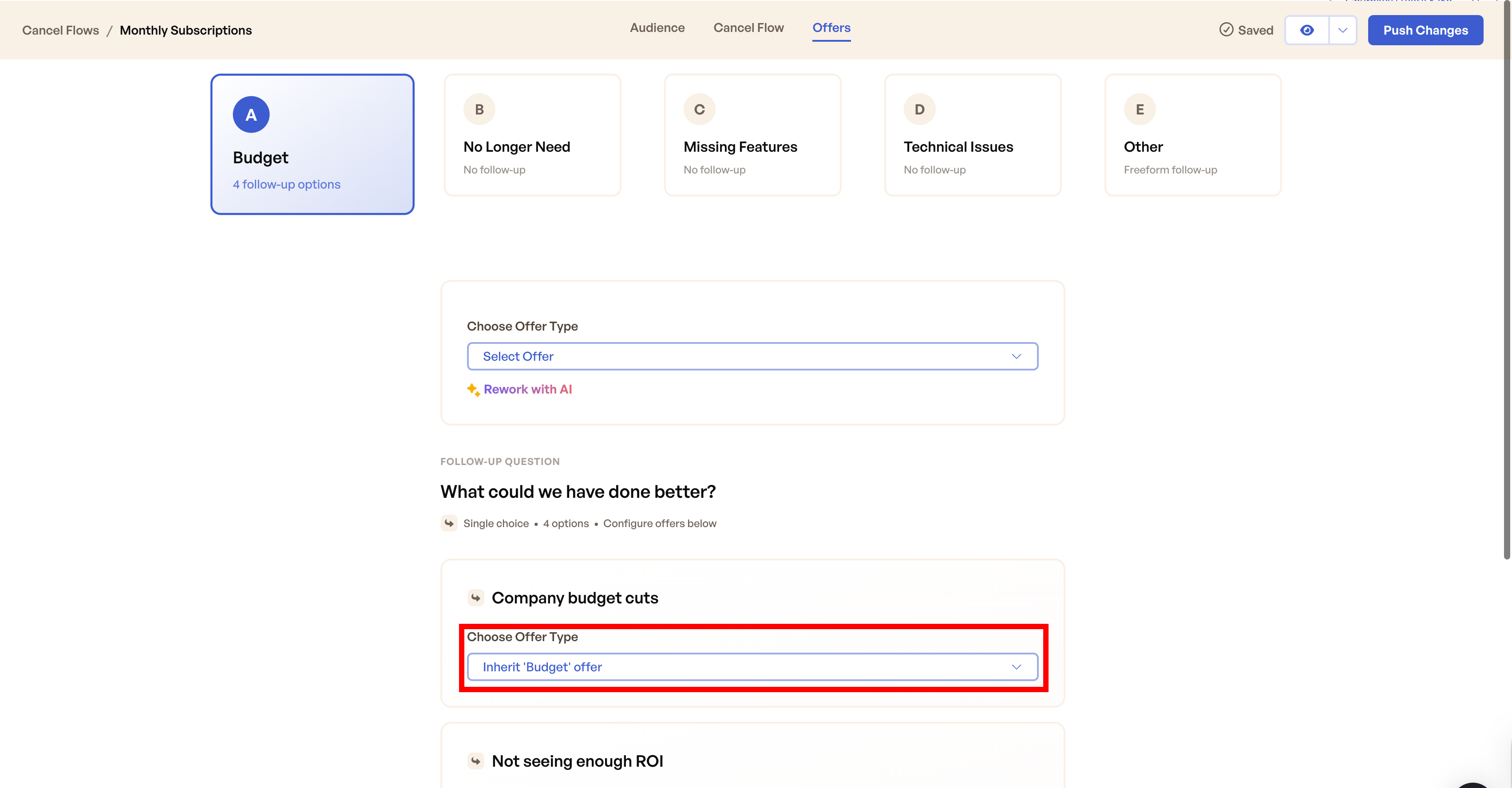 Offers tab showing Budget selected with follow-up question and per-option offer configuration